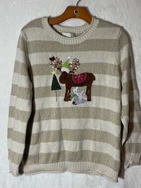 Christopher & Banks Cream and Beige Striped Reindeer Applique Sweater